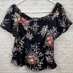 NANETTE LEPORE Black Floral Peplum Blouse Silky Fabric Sz M Feminine Romantic